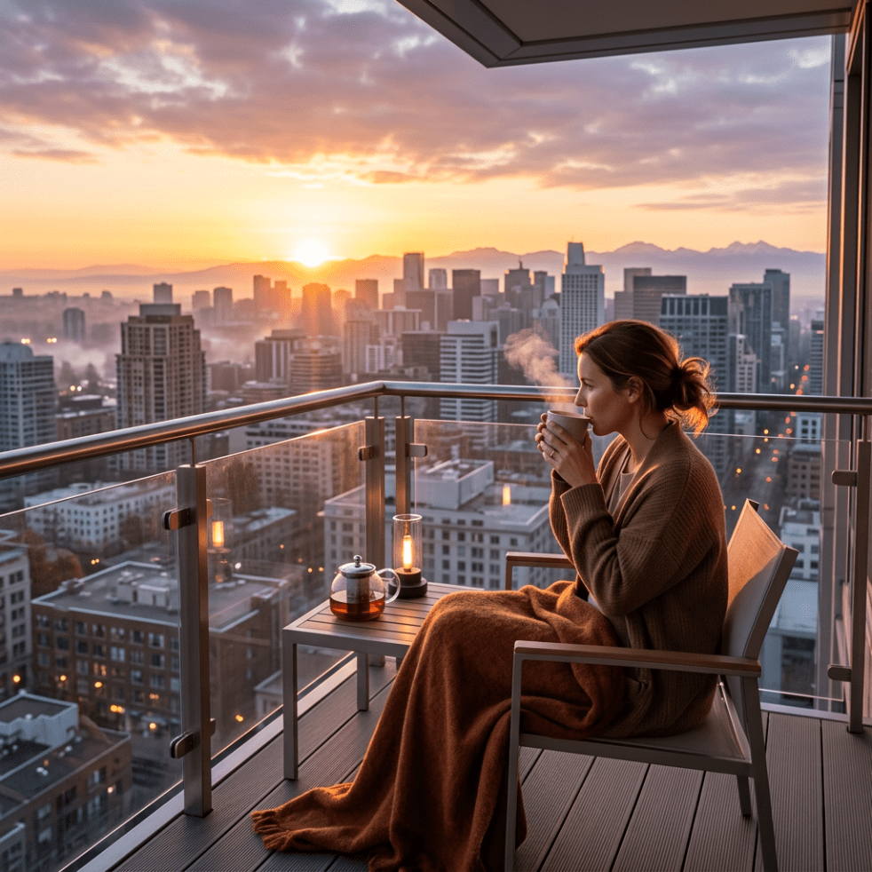 Woman wrapped in blanket sipping steaming tea on balcony overlooking city skyline at sunrise